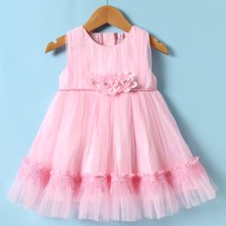 Babyhug Woven Sleeveless Party Dress With Floral Corsage & Embroidery - Pink-image-54
