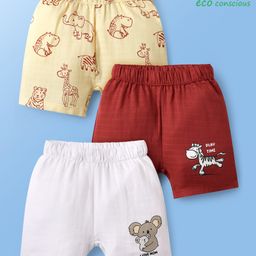 Babyoye 100% Organic Muslin Shorts With Animal Print Pack Of 3 - Red White & Light Yellow-image-50