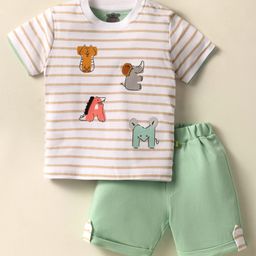 Mini Taurus Interlock Knit Half Sleeves Striped T-Shirt & Shorts Set With Animal Print - Light Green-picture-15