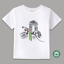 BLUSHES 100% Cotton Knit Independence Day Theme Half Sleeves Vande Mataram Text Printed Tee - White-image-82