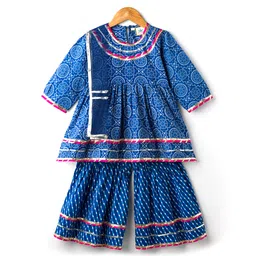 TEENTAARE Cotton Woven Three Fourth Sleeves Kurta Sharara & Dupatta Set With Bandhani Print - Blue-picture-30