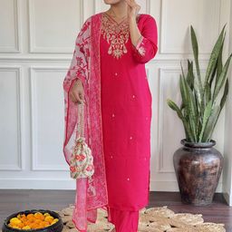 4 season Floral Yoke Design Sequinned Chanderi Silk Straight Kurta With Trousers & Dupatta-15