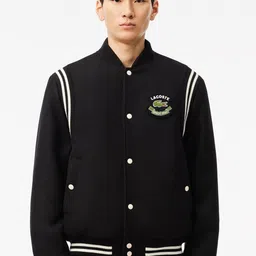 Lacoste Men Stand Collar Striped Woollen Casual Bomber Jacket-2