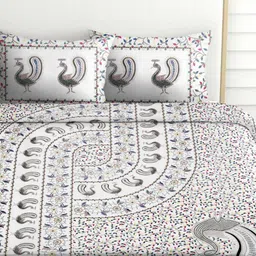 Spangle White & Grey Printed Cotton 260 TC King Bedsheet Sets - 2.74 m x 2.54 m-image-37