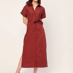 Moomaya Maroon Cotton Striped Shirt Dress-image-85