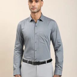 Turtle Grey Giza Cotton Slim Fit Stripes Formal Shirt-picture-9