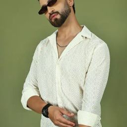 Indian Needle Cream Cotton Regular Fit Embroidered Casual Shirt-image-15