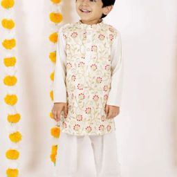 Little Bansi Kids Beige Cotton Embroidered Kurta Set-image-53
