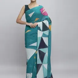 Navyasa Teal Liva Georgette Geometric Printed Saree With Coordinated Unstitched Blouse Piece-image-2