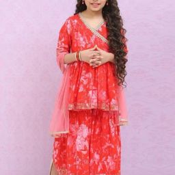 Biba Kids Coral Red Cotton Floral Print Kurta Set-image-21