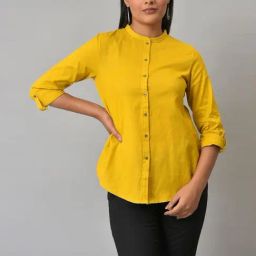 W Yellow Cotton Mandarin Collar Shirt-image-77