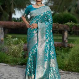 Varanga Teal Printed Kanjivaram Saree with Blouse Piece-picture-0