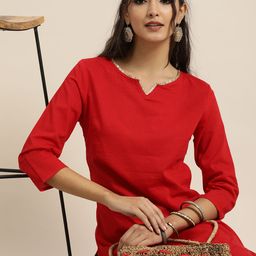 Sangria Women Red & Green Pure Cotton Solid Gotta Patti Kurta with Bandhani Print Trousers-picture-15
