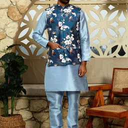KRAFT INDIA Mandarin Collar Straight Kurta with Churidar & Floral Nehru Jacket-picture-52