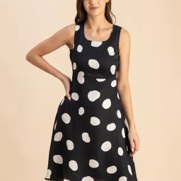 Moomaya Black & White Polka Dot A Line Dress-image-91