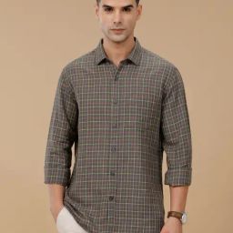 Linen Club Grey Linen Blend Slim fit Checks casual shirts-image-120