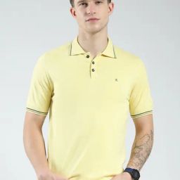 Monte Carlo Yellow Cotton Blend Regular Fit Solid Polo T-Shirt-image-61