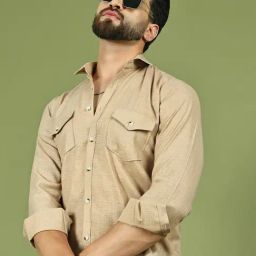 Indian Needle Beige Cotton Regular Fit Solid Casual Shirt-image-2