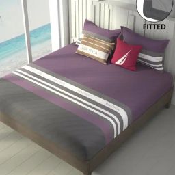 Nautica Ocean View Wine & Grey Cotton Striped 160 TC King Fitted Bedsheet with 2 Pillow Covers-picture-12