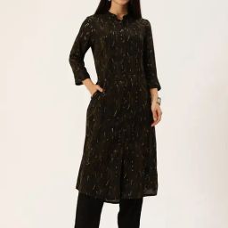 Amukti Black Rayon Embroidered Three-Quarter Sleeves Kurta-picture-6