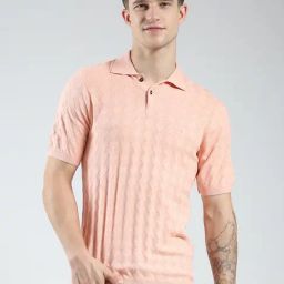 Monte Carlo Peach Cotton Blend Regular Fit Self Design Polo T-Shirt-picture-8