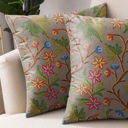 Aura Coffee Brown & Green 2 Pieces Floral Square Cushion Covers-picture-40
