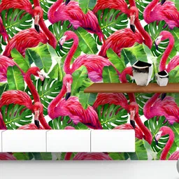 ArtzFolio Printed UV-Resistant Anti-Bacterial Tropical Pink Flamingo Monstera Leafs Pattern Peel & Stick Wallpaper-image-33