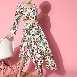 Sangria Women White Floral Printed Crop Top with Skirt-image-27