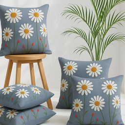 MFD HOME FURNISHING Blue & White Set of 5 Floral Square Cushion Covers-picture-29