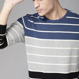 Roadster Men Black & Grey Melange Stripes with Colourblock Pullover Sweater-image-50