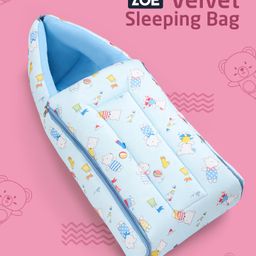 Zoe Velvet 3 in 1 Baby Carry Nest Cum Sleeping Bag Puppy Print- Blue-image-24