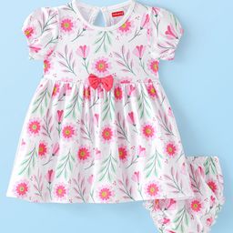 Babyhug 100% Cotton Knit Half Sleeves Frock with Bloomer & Bow Floral Print - White-picture-19