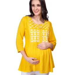 Mom for sure by Ketki Dalal Three Fourth Sleeves Floral Yoke Embroidered Kurti - Yellow-picture-36