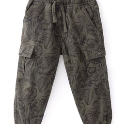 Babyhug Cotton Lycra Woven Full Length Stretchable Tropical Print Pant - Olive Grey-image-76
