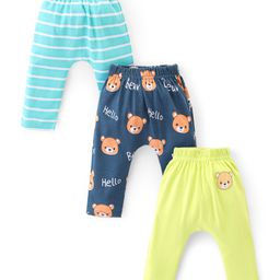 Babyhug Interlock Knit Full Length Diaper Legging Stripes & Bear Print Pack Of 3 - Blue & Green-picture-12