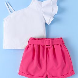Kookie Kids One Shoulder Half Sleeves  Solid Color Top & Shorts - White & Pink-image-81
