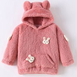 Kookie Kids Full Sleeves Hoodie  With Kangaroo Pockets Ears & Bunny Applique - Dark Pink-image-65