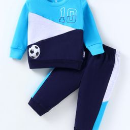 Child World Cotton Knit Full Sleeves Cut & Sew T-Shirt & Lounge Pants Set With Football Print - Navy & Firoza-image-49