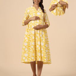 CRAFIQA Three Fourth Sleeves Floral Printed Maternity Dress With Concealed Zipper Nursing Access - Yellow & White-image-79