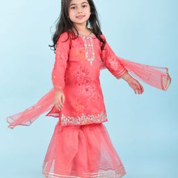 Babyhug Woven Organza Three Fourth Sleeves Floral Embroidered & Printed Kurta Gharara Set with Dupatta - Pink-image-9