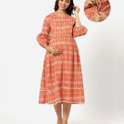 Ikk Kudi by Seerat Cotton Woven Three Fourth Sleeves Abstract Printed Dress With Concealed Zipper Nursing Access- Peach-image-50