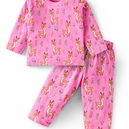 Babyhug Cotton Knit Full Sleeves Night Suit Set with Animal Print - Pink-image-110