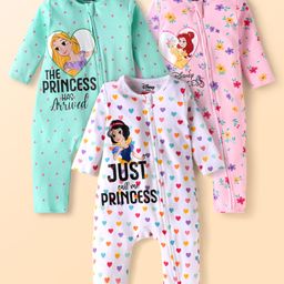 Babyhug Disney Interlock Knit Full Sleeves Rompers with Disney Princess Graphics Pack of 3 - Mint Green Pink & White-picture-30