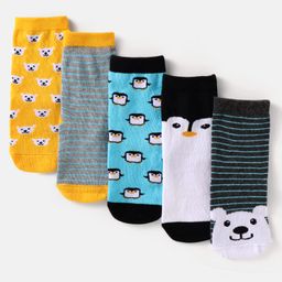 Cute Walk By Babyhug Cotton Knit Anti-Bacterial Ankle Length Socks With Animal & Stripe Design Pack Of 5 - Yellow White & Blue-image-85