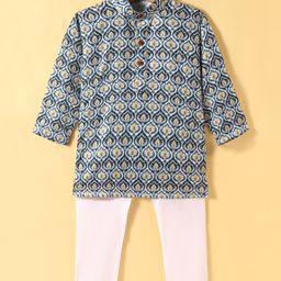 Ridokidz Full Sleeves Ethnic Printed Kurta Pyjama Set - Green & Yellow-image-4
