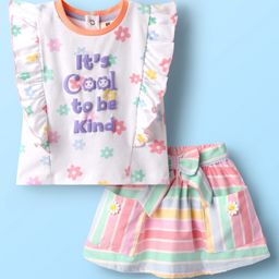 ToffyHouse Knitted Frill Sleeves Top and Skirt Set with Stripes & Floral Print - White & Pink-image-67