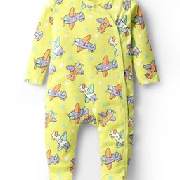 Babyhug Cotton Knit Full Sleeve Footed Sleepsuit with Airplane Print - Limegreen-image-65