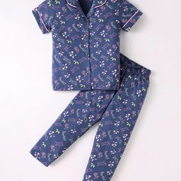 Doreme Single Jersey Knit Half Sleeves Night Suit With Floral Print - Navy-picture-38