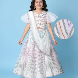 Pine Kids Woven Flutter Sleeves CholiLehengaSet & Dupatta with Sequin Design - White-picture-35