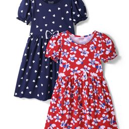 Honeyhap Premium Cotton Knit Half Puffed Sleeves Floral & Hearts Printed Bio Finish Frocks with Bow Applique Pack of 2 - Navy Peony & High Risk Red-picture-19